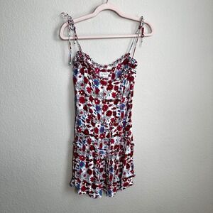 S/W/F Floral Mini Dress Red Blue Daisy Print Ruffle Tie Strap Rayon Size L